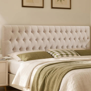 Tufted Upholstered Queen Bed Headboard in Modern Button Design, Adjustable Solid Wood Head Board, Premium Linen