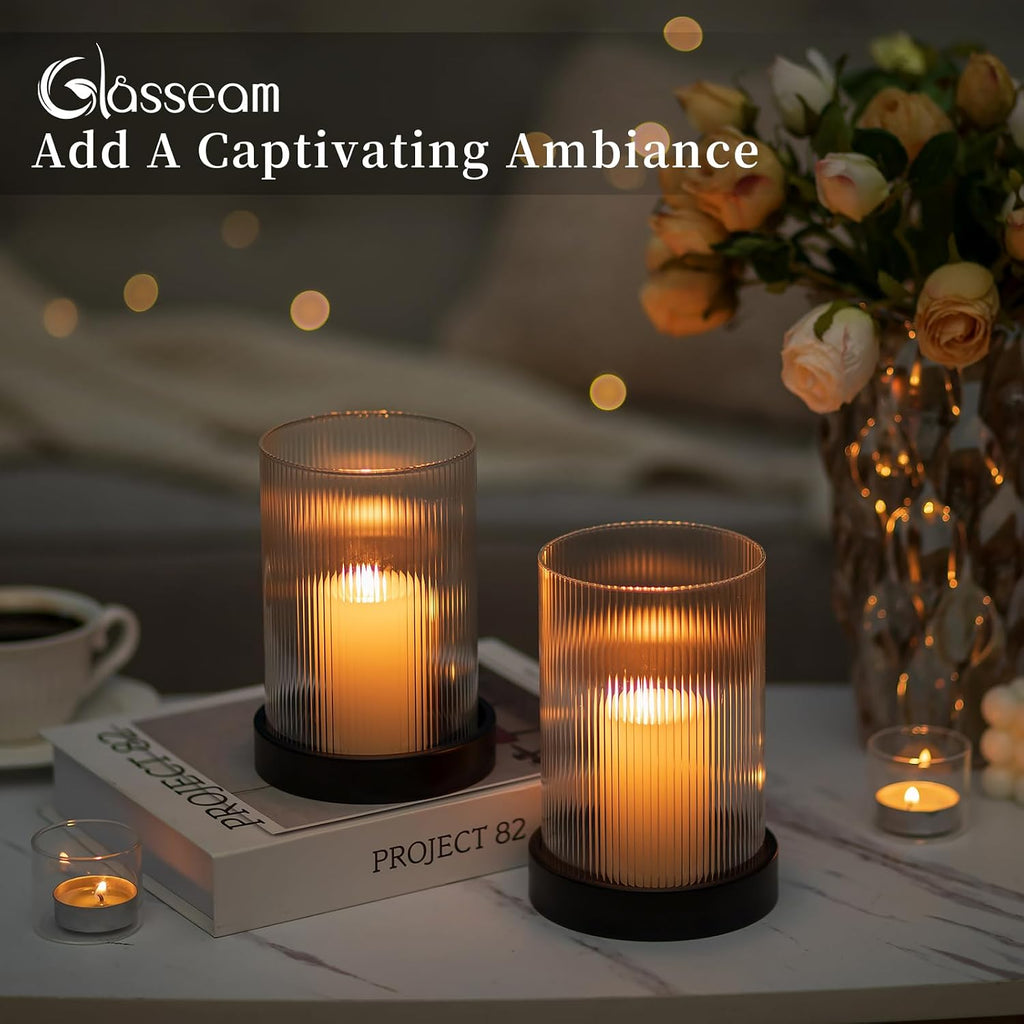 Hurricane Candle Holder 2Pcs Black Candle Tray with Glass Cylinder | 3.94''x5.71'' Ribbed Open-End Sleeve, Fit 4''