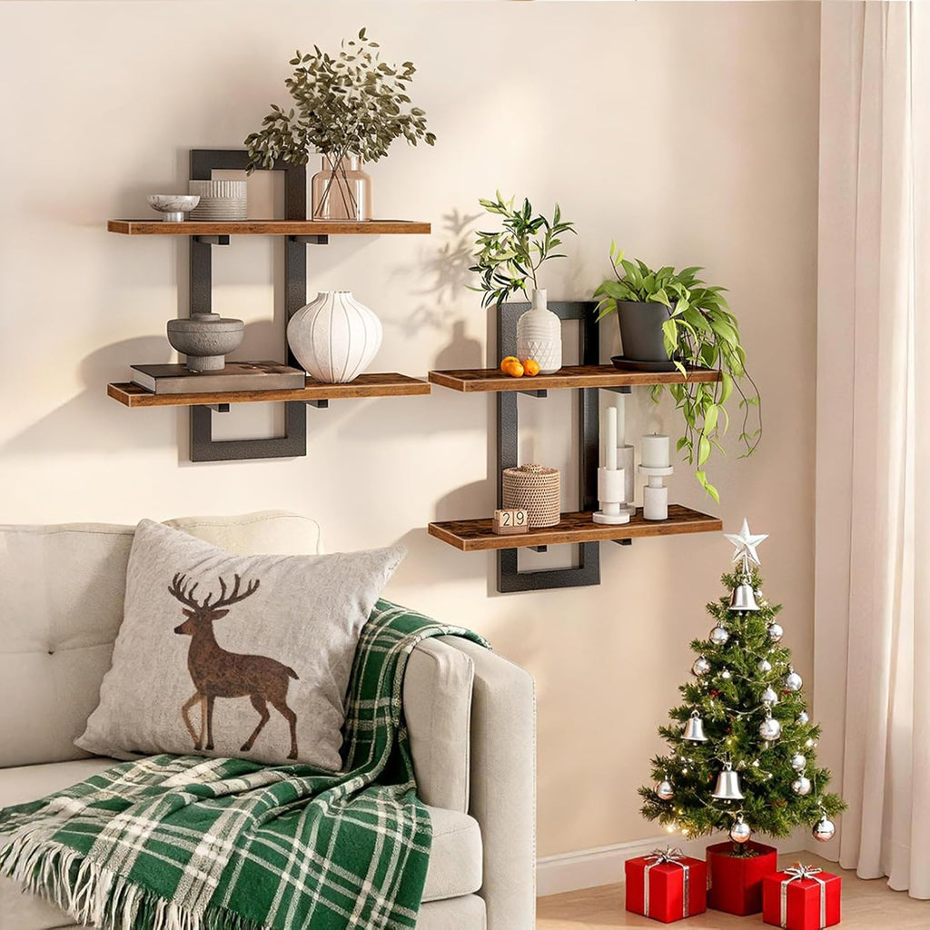 Floating Shelves for Wall, 15" Wall Shelf Set of 2, Wall Mounted Storage Shelves 2-Tier, Hanging Bathroom Shelves