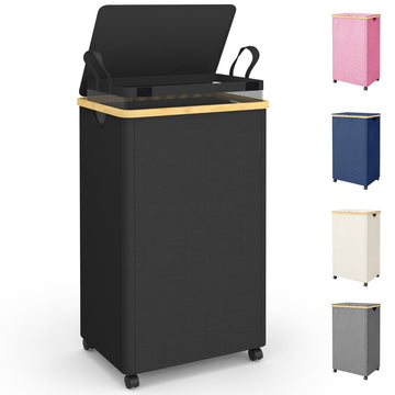 100L Laundry Basket with Wheels and Lid, Rolling Laundry Hamper with Bamboo Handles and Removable Bag, Dirty Clothes
