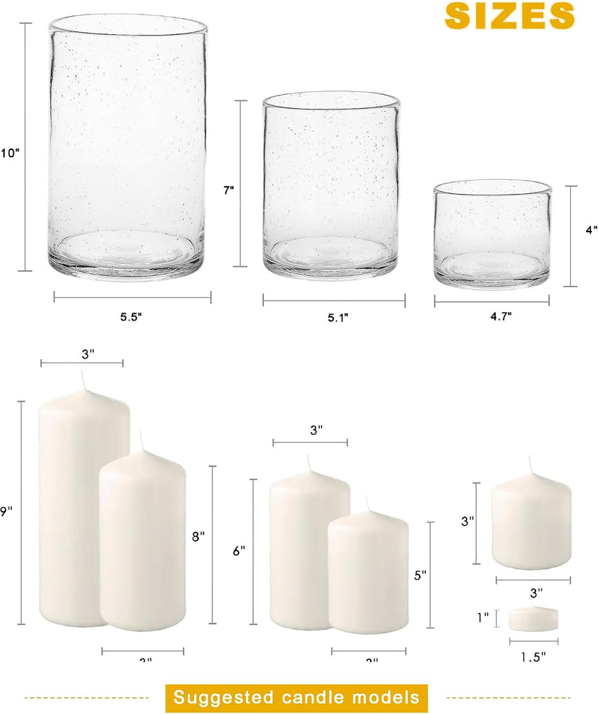 Hurricane Candle Holders Glass Cylinders Set of 3 (10" 7" 4") | Clear Seeded Bubbles, Cylinder Vases For Pillar