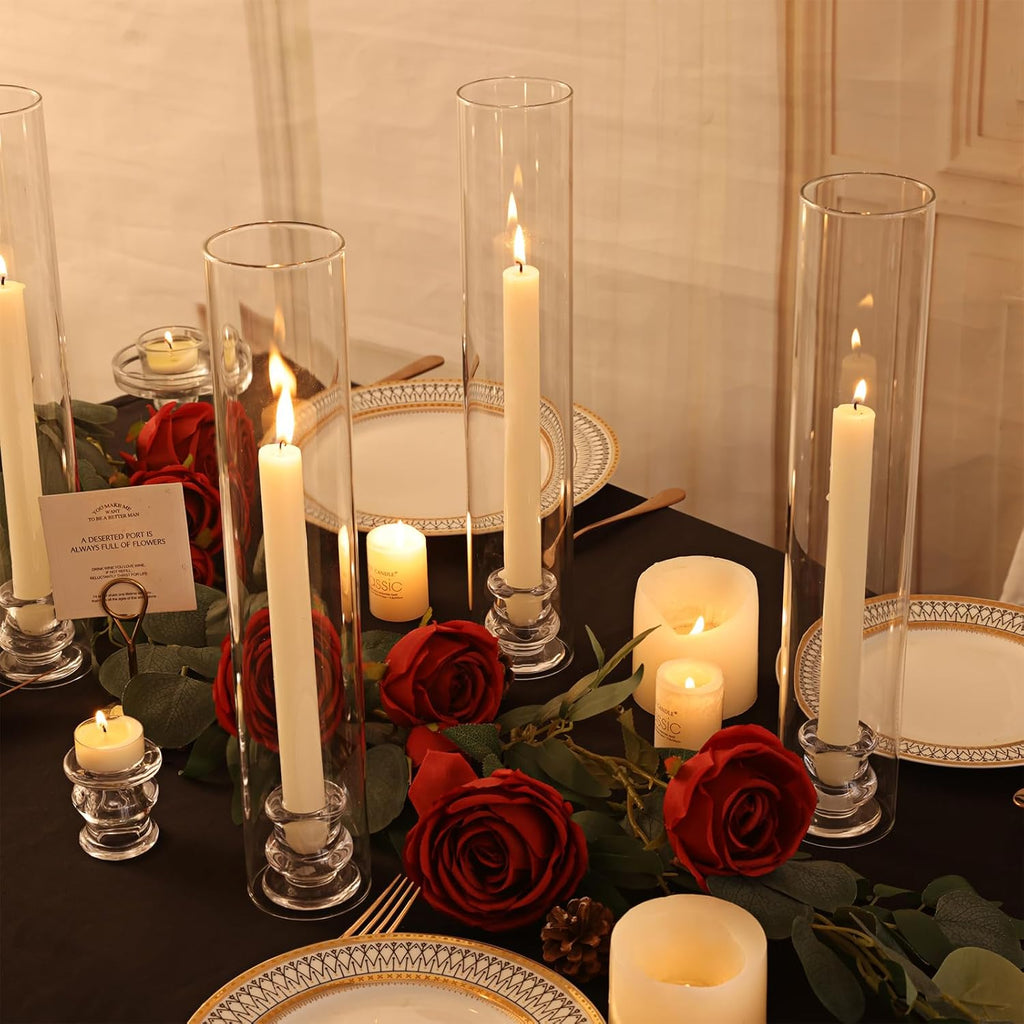 Hurricane Glass Candle Holders- Set of 6 Candlestick Holders for Taper Candles with Windproof Cylinder Covers 14"
