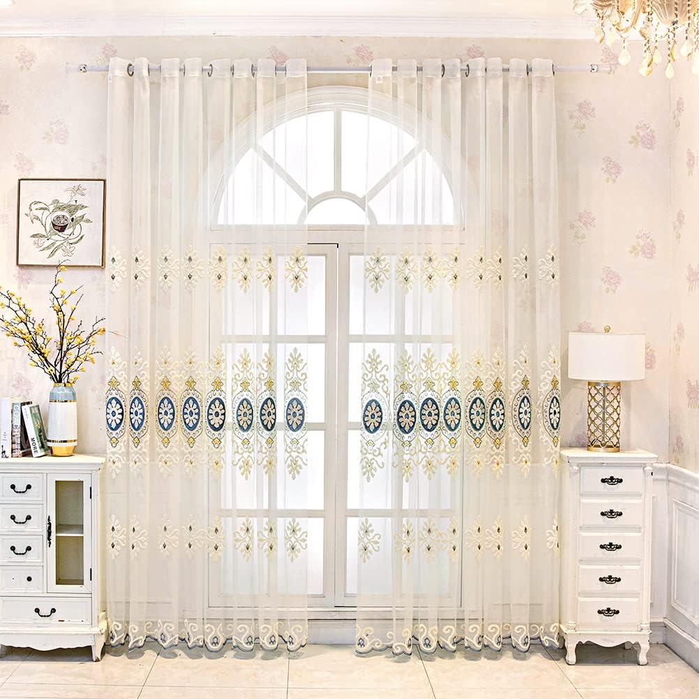 Beige Embroidered Sheer with Blue Pattern European Style Curtains for Bedroom Transparent Tulle,Grommet Top,52" W x
