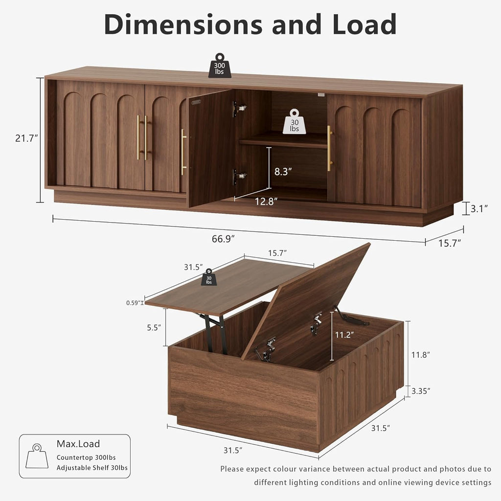 TV Stand for 75 Inch TV and Coffee Table Set of 2, Arched Design with Wood Grain Finish, Media Console with Adjustable Shelves, 67" Entertainment Center for Living Room Bedroom,Walnut