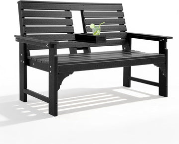 Outdoor Bench, HDPE 2-Person Garden Bench with Cup Holders | Weatherproof Patio Bench with Backrest & Armrests, 700