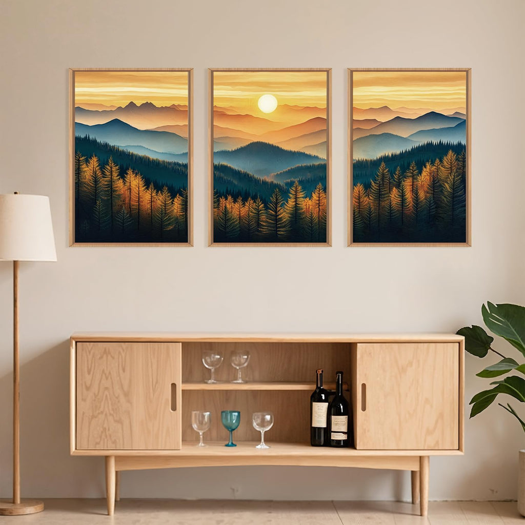 Large Boho Sunrise Mountain Framed Canvas Wall Art,Abstract Nature Forest Wall Decor,Foggy Pine Tree Painting,Retro
