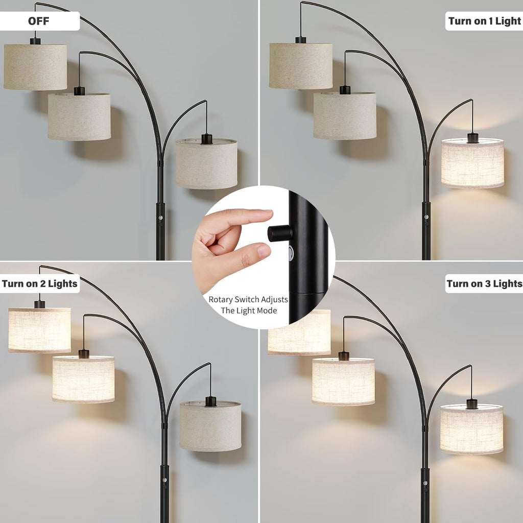 3 Lights Floor Lamp, 78" Tall Standing Lamp with Hanging Drum Shade, Modern Arc Floor Lamps with Heavy Base