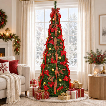 7FT Pop Up with Lights, Prelit Collapsible with 200 Warm Lights, Decorated Popup Xmas Trees for Holiday, Party