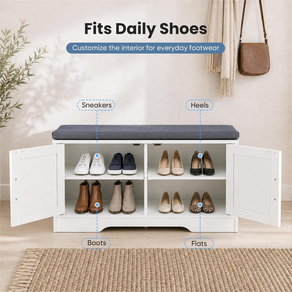Shoe Storage Bench with Cushion, 27.6IN, White | Shoe Organizer Cabinet with Padded Cushion and Doors, Adjustable