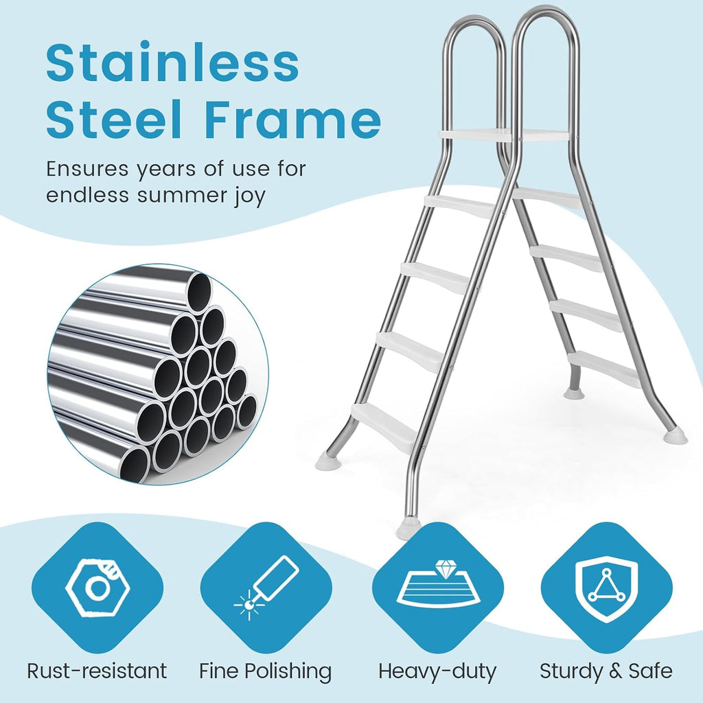 4-Step Steel Frame Above Ground Swimming Pool Ladder for 55" Pool Wall Heights, Double-Sided Entry & Exit Ladder