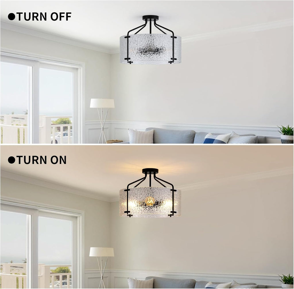 Semi Flush Mount Ceiling Light Fixture,Glass Drum Kitchen Lighting Fixtures Ceiling,18''Black Modern Light Fixture