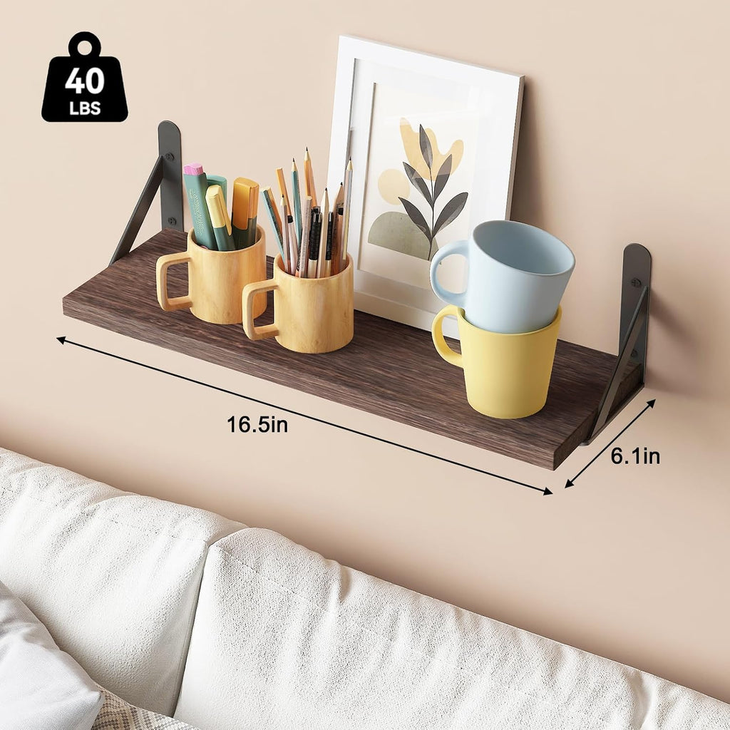 16.5in Floating Shelves for Wall Home Decor, Wood, Brown, Set of 6 | Rustic wood shelves with metal brackets.