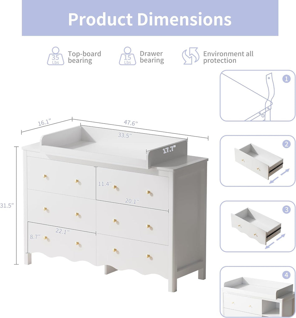 Nursery Dresser with Baby Changing Table White | Wooden Dresser Kids Dresser with 6 Drawer Dresser Baby Dresser