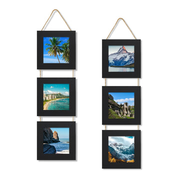 4x4 Collage Picture Frames Set of 2, Rustic Wooden Real Glass Vertical Hanging 3 Opening 4 by 4 Photo Frame, Black