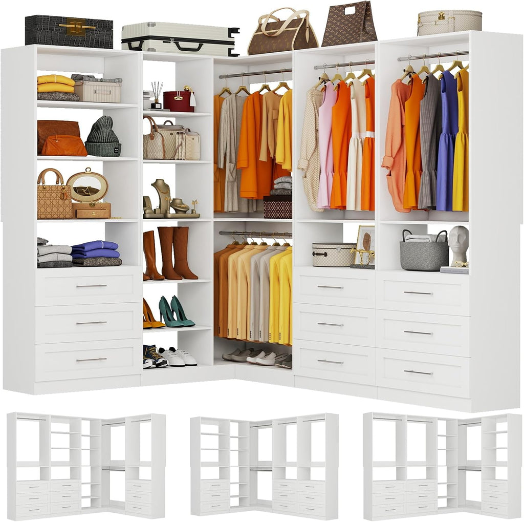 Closet System with 4 Sets, 8.5FT-21.5FT Corner Closet Organizer System with 9 Drawers & 12 Shelves & 8 Hanging Rods