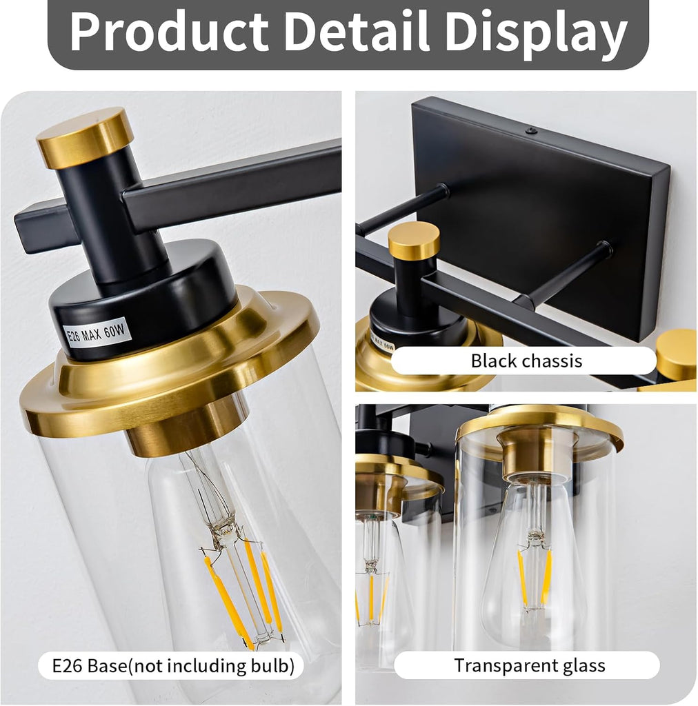 3 Light Bathroom Light Fixtures, Black and Brushed Gold Vanity Light Fixture Over Mirror, Modern Wall Sconces