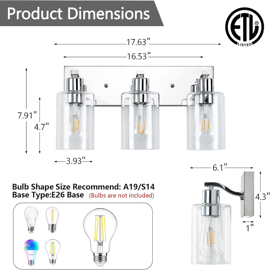 3 Lights Bathroom Light Fixtures Chrome Vanity Light with Clear Glass Shade 18in Modern Bathroom Lighting Fixtures