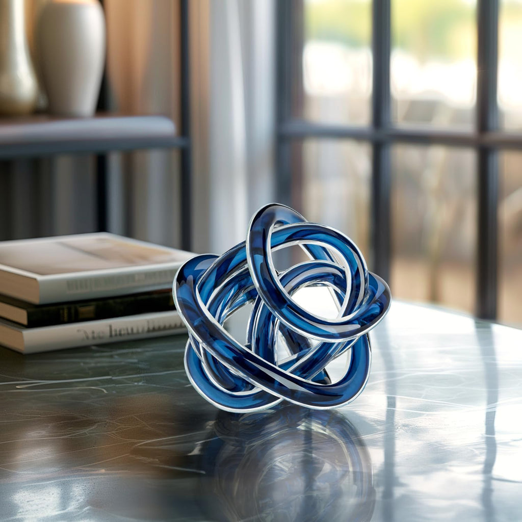 Orbit Hand Blown Glass Infinity Knot Sculpture - 3 Inch Glass Art Blue Knot Decor Ball Decor, Small Centerpiece Table