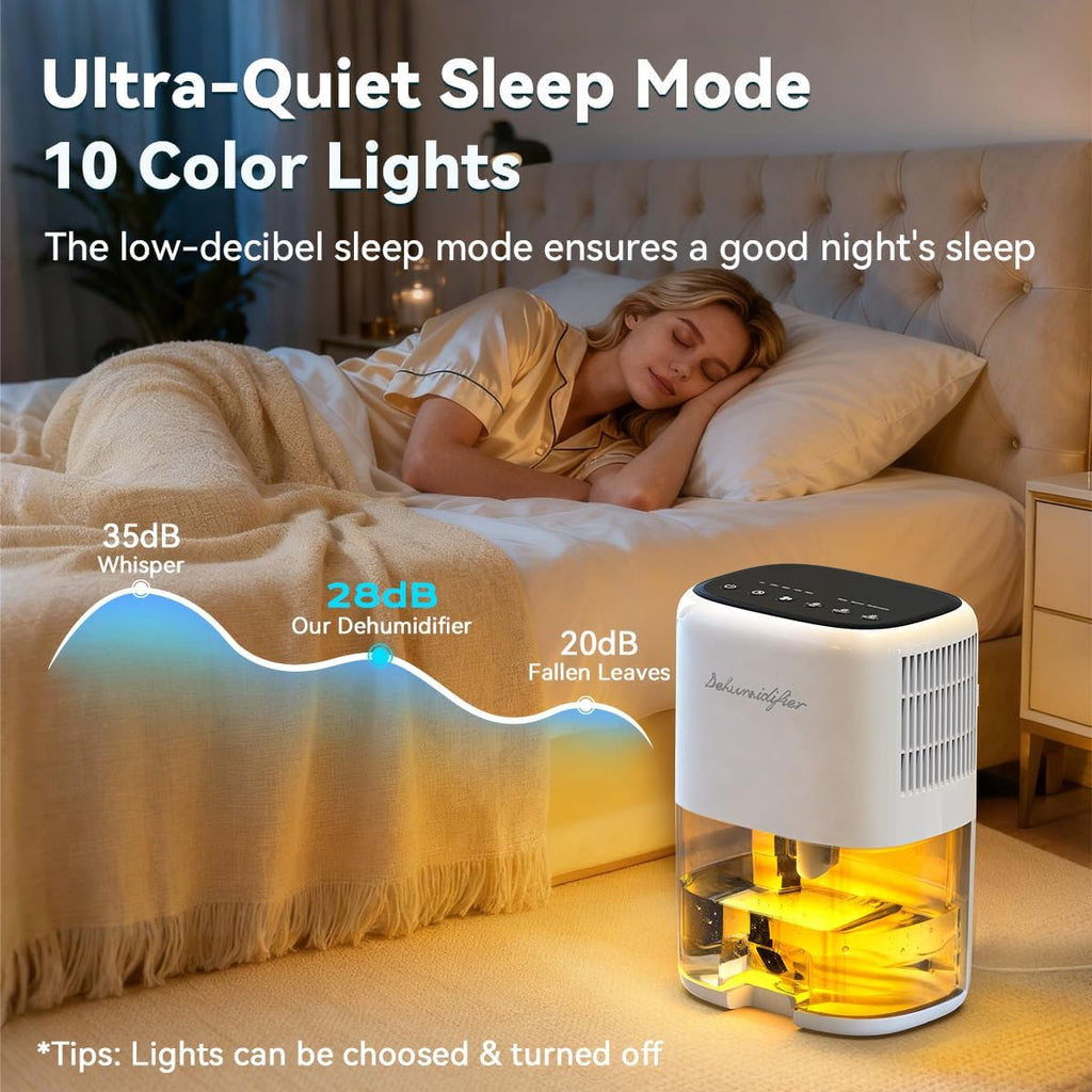 Small Dehumidifier for Home 44OZ Quiet with Auto Off & Defrost 5 Timers 3 modes 10 Color Lights 3 Brightness 260 Sq.ft