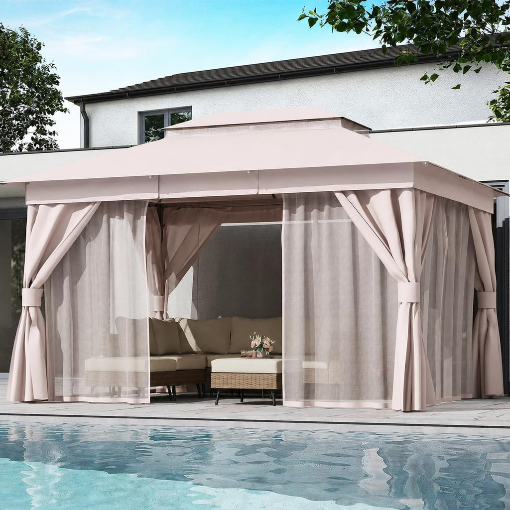 10'x13' Outdoor Gazebo, Metal Frame Heavy Duty Patio Canopy Tent Shelter with Double Roofs - Khaki