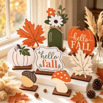 Fall Table Decor, Fall Decorations, 8PCS Wooden Hello Fall Sign, Maple Leaf, Pumpkin and Acorn Indoor Home Office