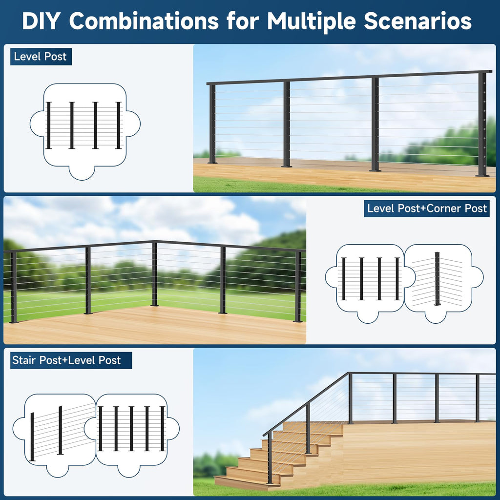 36" Cable Railing Corner Post, Fixed Top Mount 90° L-Drilled One Post Corner Solution, Stainless Steel T304