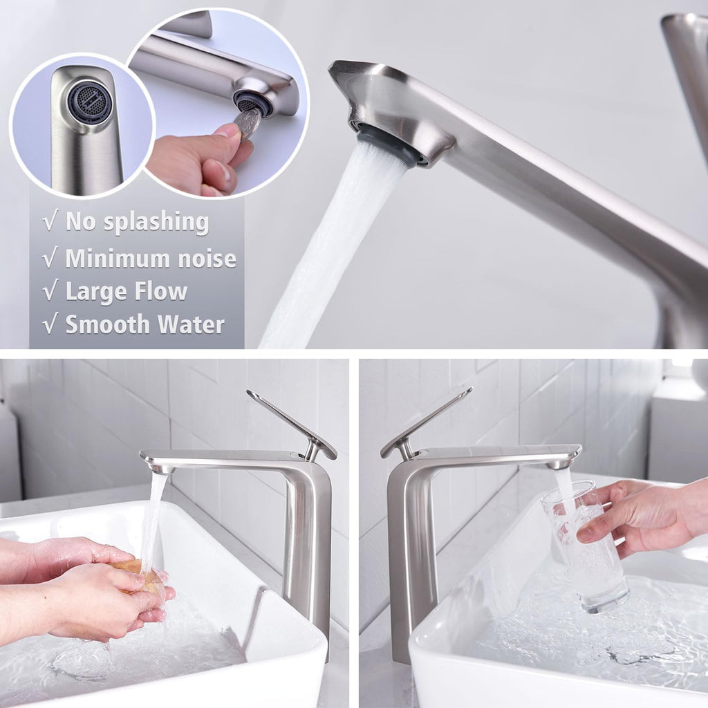 Tall Vessel Sink Faucet, Premium Brass Mixer Tap Brushed Nickel Single Handle Vanity Faucet 1 Hole