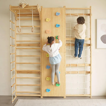 Walnut 9-in-1 Swedish Ladder Wall Gym Set - 78.8 Inches - Trapeze Swing, Rope Ladder, Rock Wall, Rope Wall, Rock Ramp