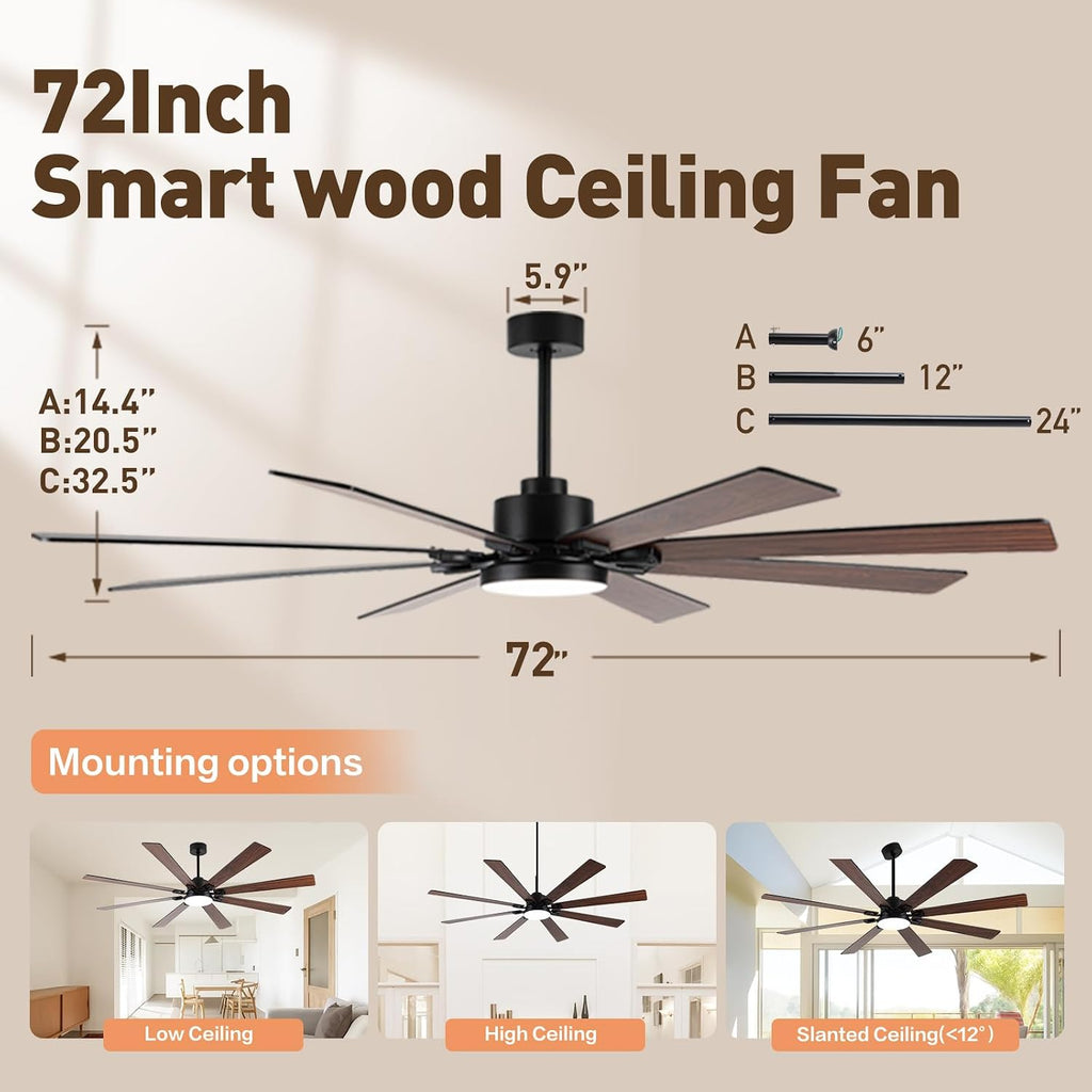 72 Inch Large Smart Ceiling Fan with Light and Alexa/APP(via WiFi),Black Indoor Outdoor Ceiling with Remote ,6 Speed