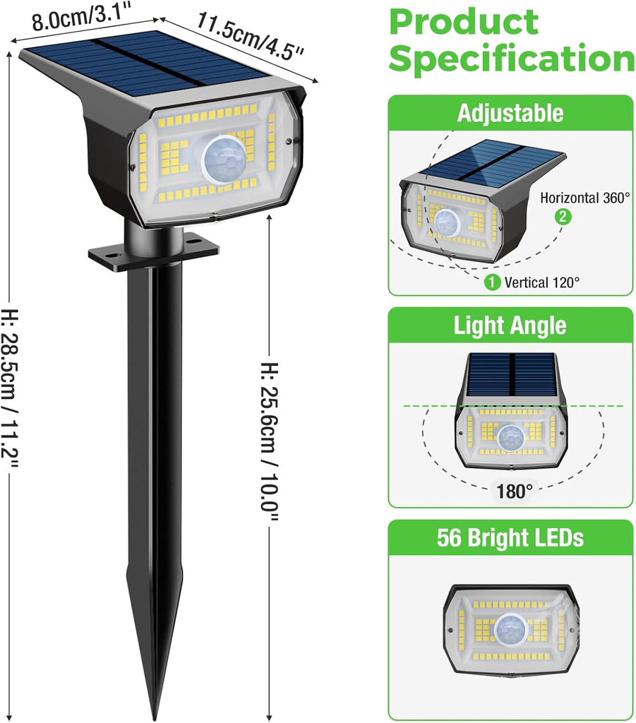 Solar Lights Outdoor Waterproof, Motion Sensor Spot Lights- 4 Pack/56 LED/3 Modes Solar Powered Spotlights 2-in-1