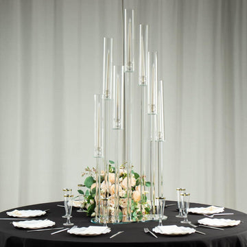 47" Clear Crystal 7-Arm Cluster Wedding Aisle Candlestick Stand with Hurricane Shades, Taper Candle Candelabra Table