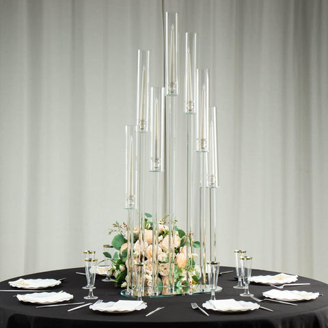 47" Clear Crystal 7-Arm Cluster Wedding Aisle Candlestick Stand with Hurricane Shades, Taper Candle Candelabra Table