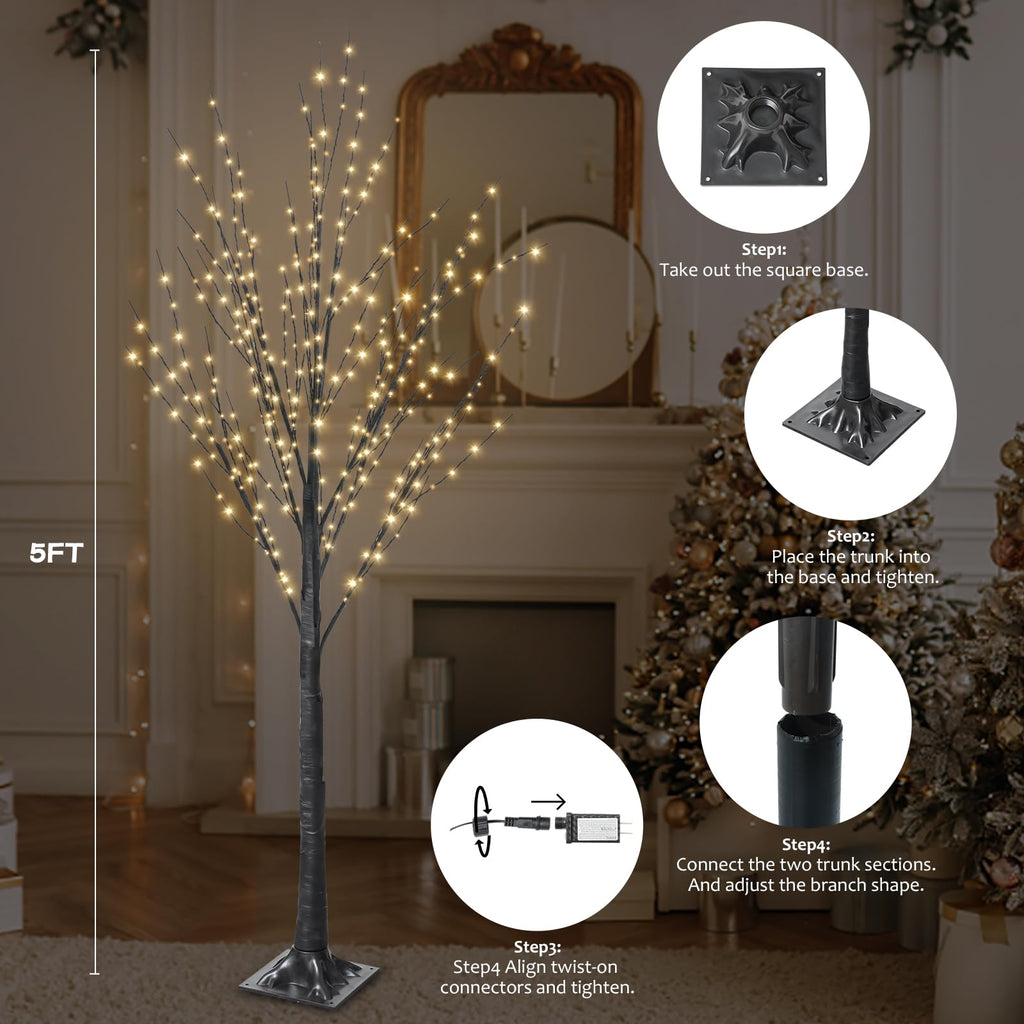 5FT Lighted Birch Tree, 400 LED Warm White Lights