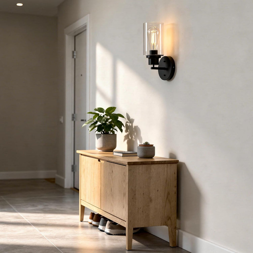 1-Light Black Bathroom Wall Sconce with Clear Glass Shade, Modern Vanity Light Fixture Over Mirror