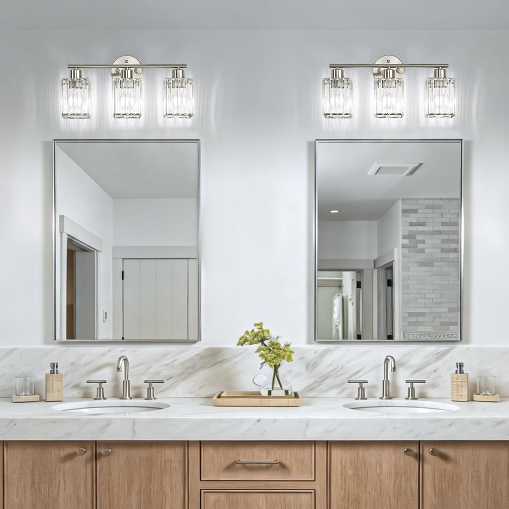 3 Light Bathroom Light Fixtures, Modern Crystal Vanity Lights over Mirror | Metal Frame, Bathroom Light with Square