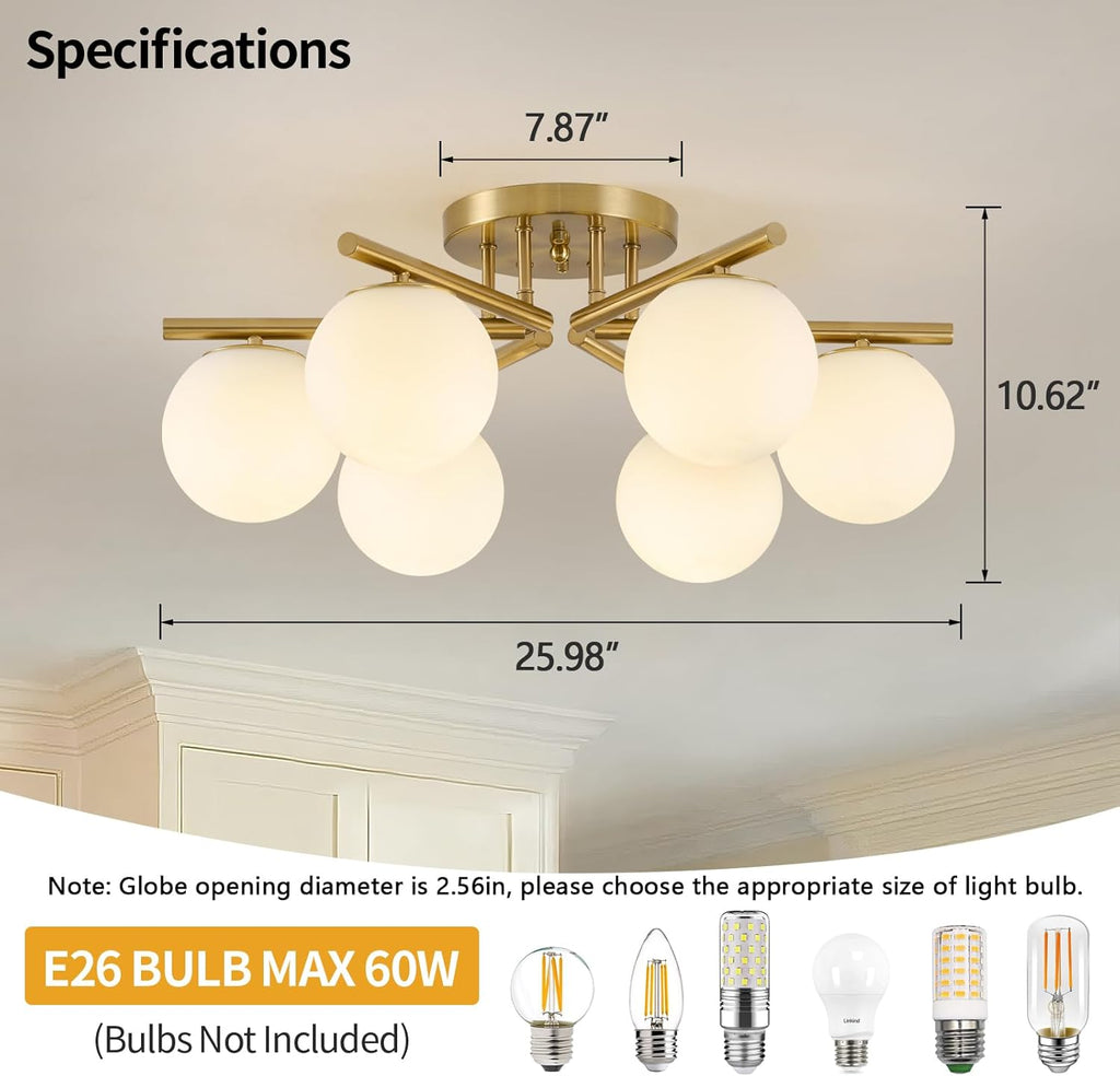 6 Lights Sputnik Ceiling Light Fixture,Semi Flush Mount Ceiling Light Sputnik with Milk Glass Globe, Brushed Brass