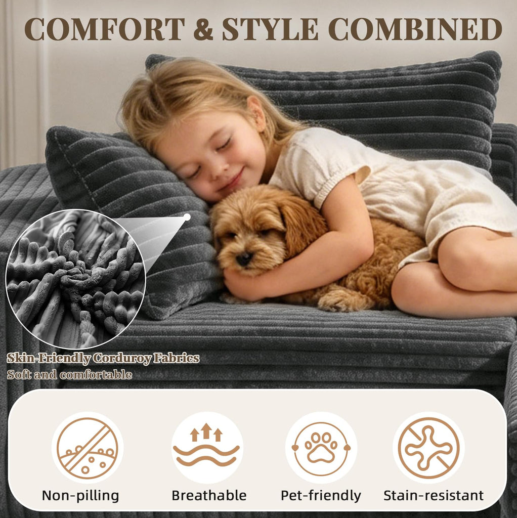 80" Cloud Modular Sectional Sofa, Boneless Corduroy Couch Sofa with Cup Holders & Side Pockets, L-Shaped Couch with