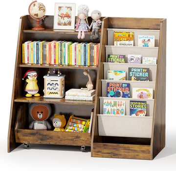 Kids Bookshelf and Toy Storage, 4 Tier Toddler Bookshelf with Movable Drawer (Brown)