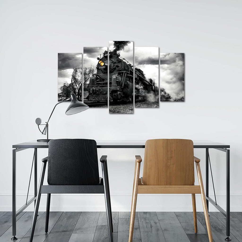 Black and White Train Canvas Wall Art, 5 Piece Set | 8"x16"x2pcs, 10"x20"x2pcs, 10"x24"x1pc Framed Waterproof Canvas