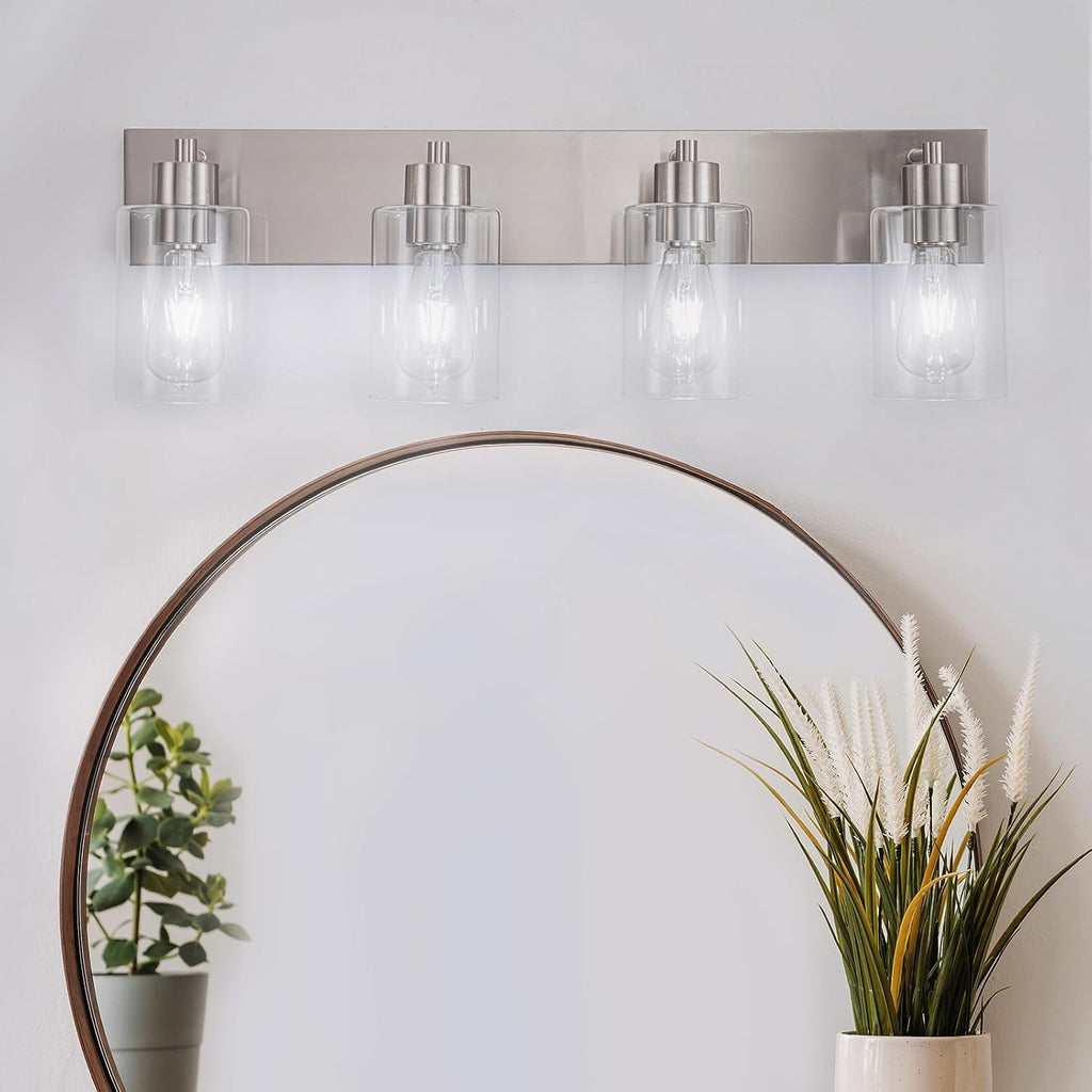 4-Light Bathroom Vanity Light Fixtures, Modern Bathroom Light Fixture with Clear Glass Brushed Nickel Finish Vanity