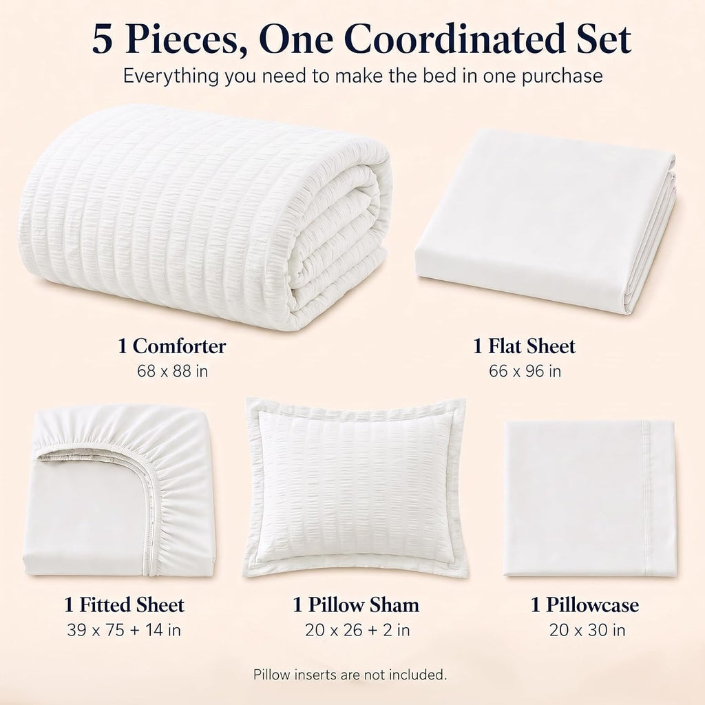 Twin Comforter Set, 5 Pieces White Seersucker Bed in a Bag - Set of 5