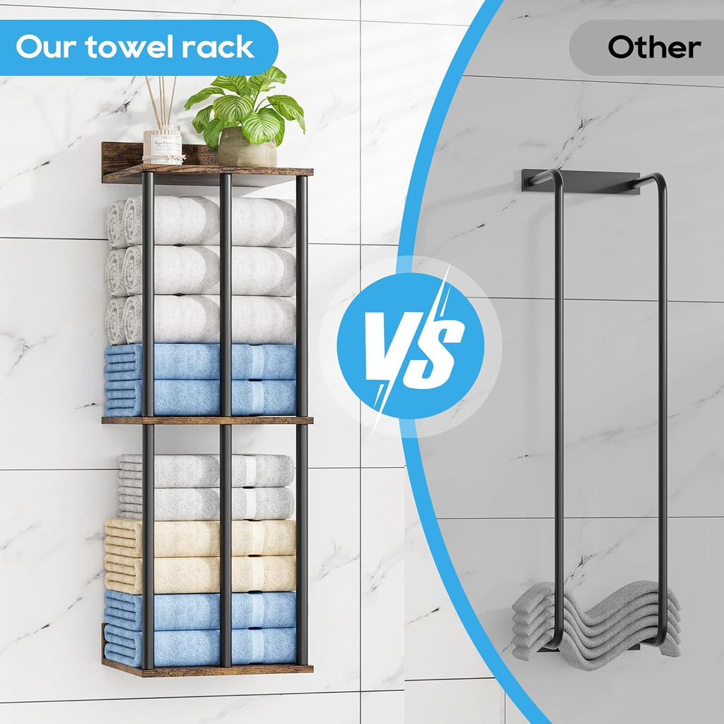 Towel Racks Wall Mounted with Wooden Storage Shelf | Updated 3 Bar Metal Towel Holder for Rolled Towels, Sturdy and