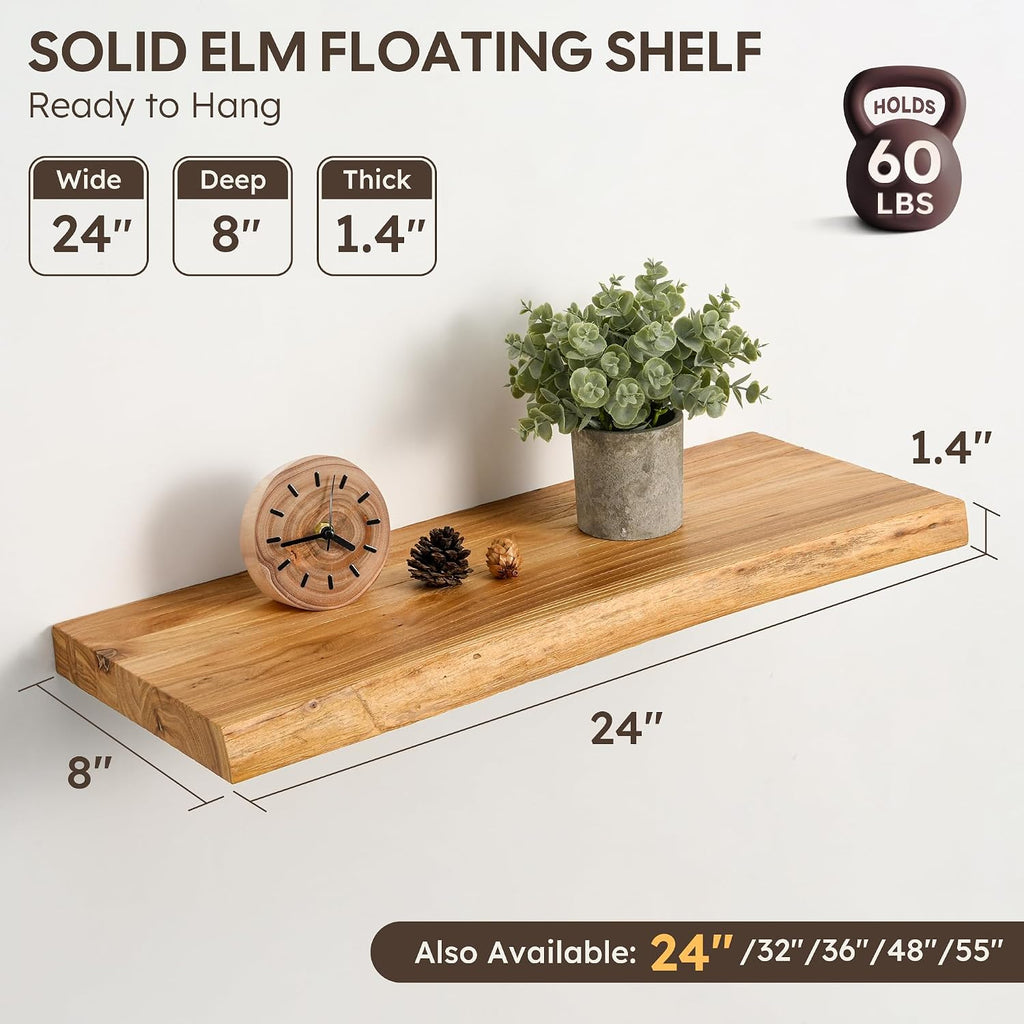 Floating Shelves Set of 2, Solid Elm Wood 24 Inch Wall Shelving | Natural Live Edge Grain, Heavy Duty Hidden