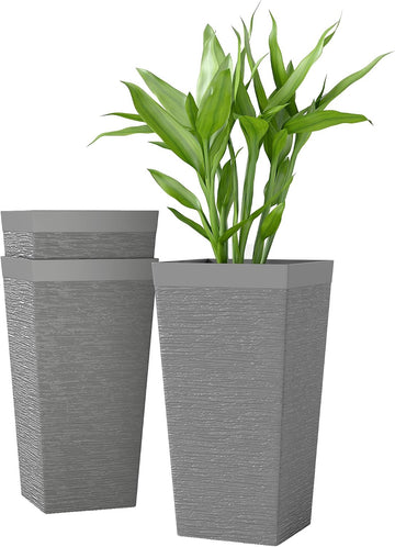 22.8 Inch Tall Planters for Outdoor Plants Set of 3, Gray | Wheels, Flower Pots, Stone Finish, Stackable Tapered