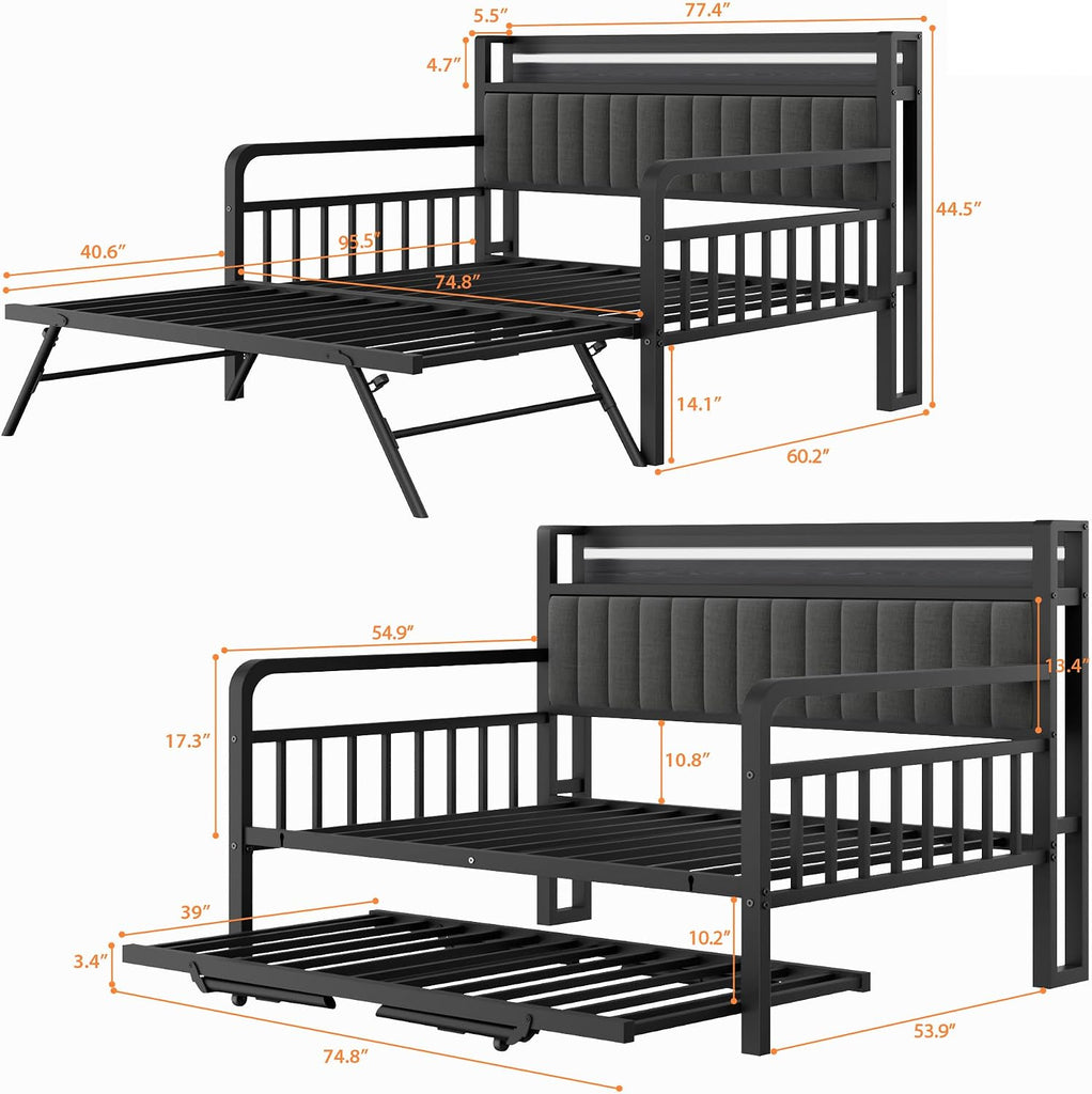Daybed with Trundle and LED Light, Heavy Duty Metal Full Bed Frame with Upholstered Storage Headboard & Charging