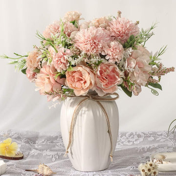 Peonies Artificial Flowers in Vase, Fake Hydrangea Silk Peony Flower Bouquet with Vase Faux Flowers Arrangement Decor