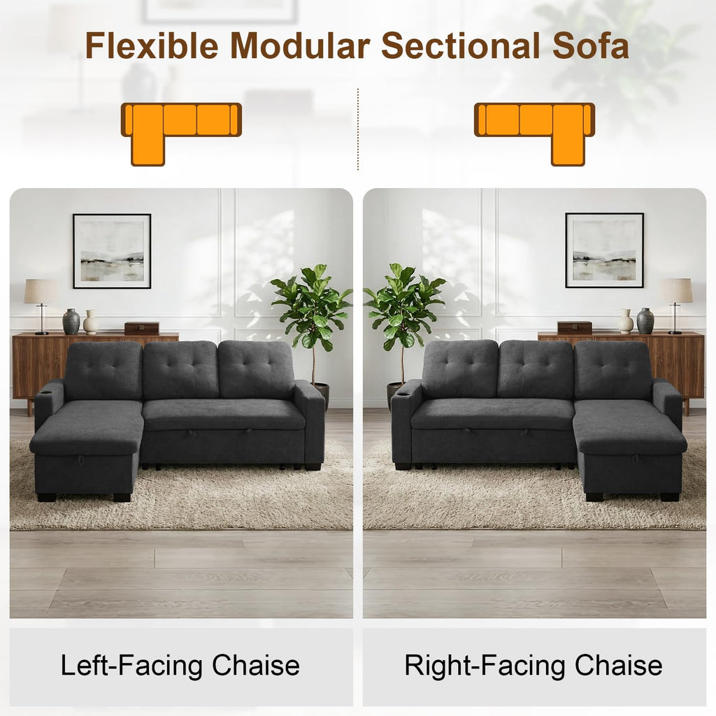 82" L Shaped Sleeper Sofa Bed, Pull Out Sectional Couch with Storage Chaise/Reclining Backrest, Sectional Couches