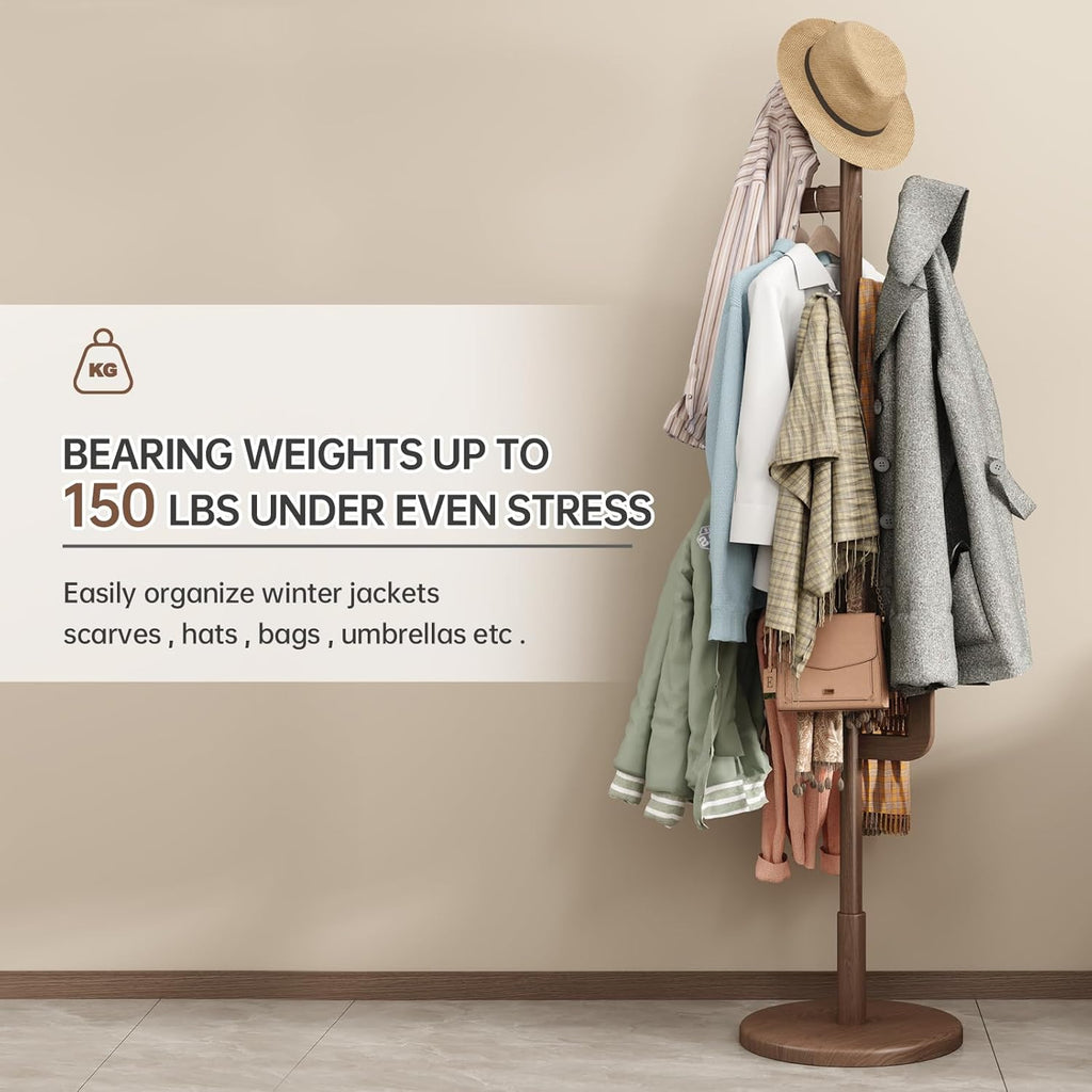 Solid Wood Cactus Coat Rack, Freestanding Coat Rack With 6 L-Shaped Hooks and 3 Adjustable Sizes, Coat Tree , Coat