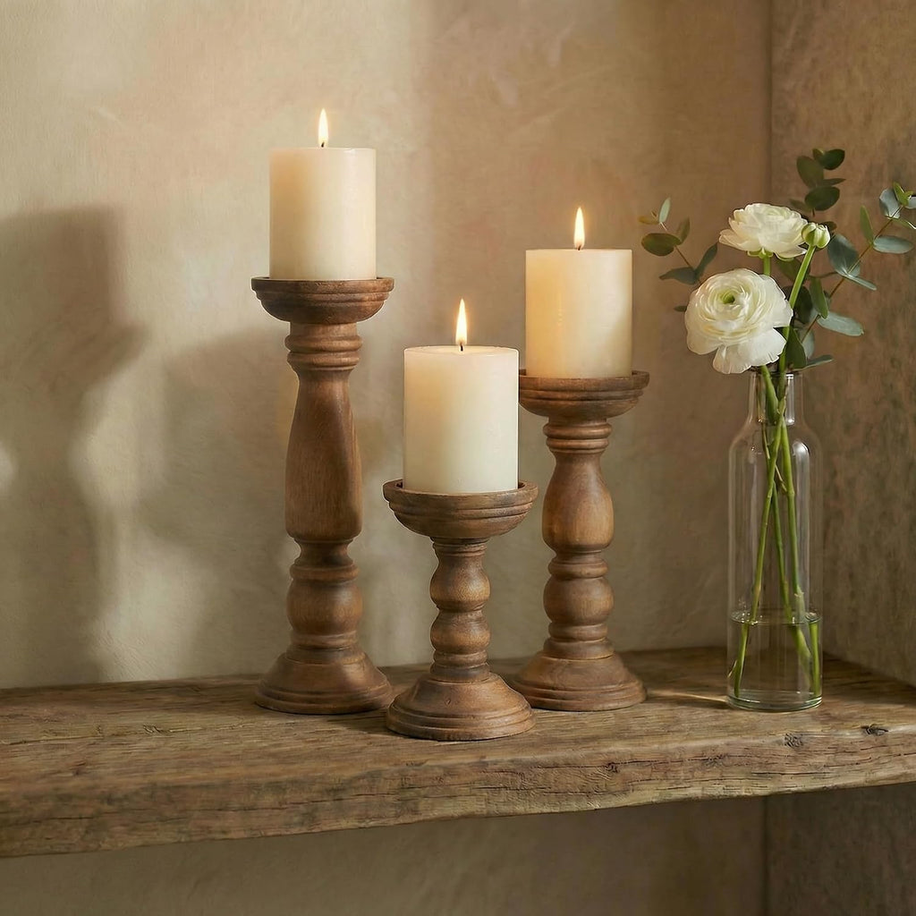 Farmhouse Wooden Candle Holders for Pillar Candles Set of 3, Rustic Wood Candle Holder Table Centerpiece Decor, 12''