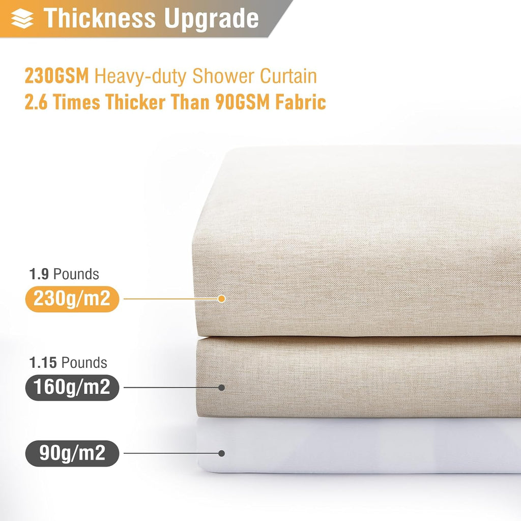 Long Linen Textured Waterproof Shower Curtain Set, 72x84, Beige/Cream | Tall Size, 230GSM Polyester, Heavy Duty
